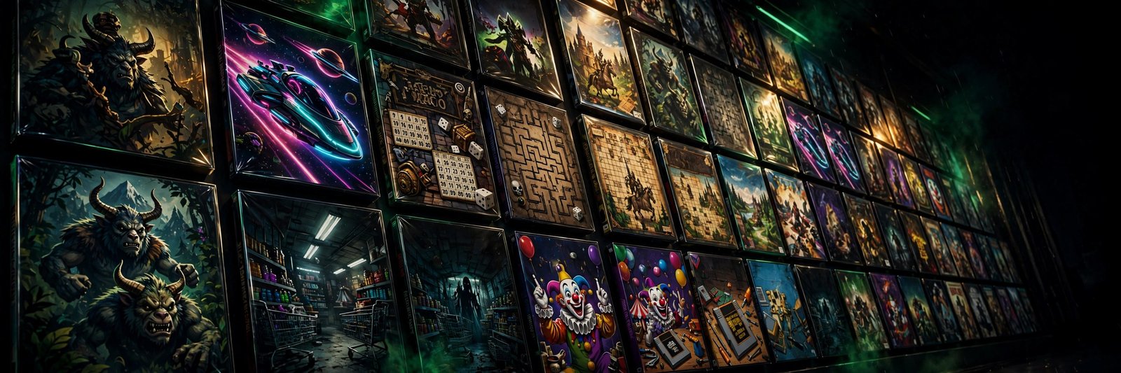 A wall of fictional video game covers glowing in the dark